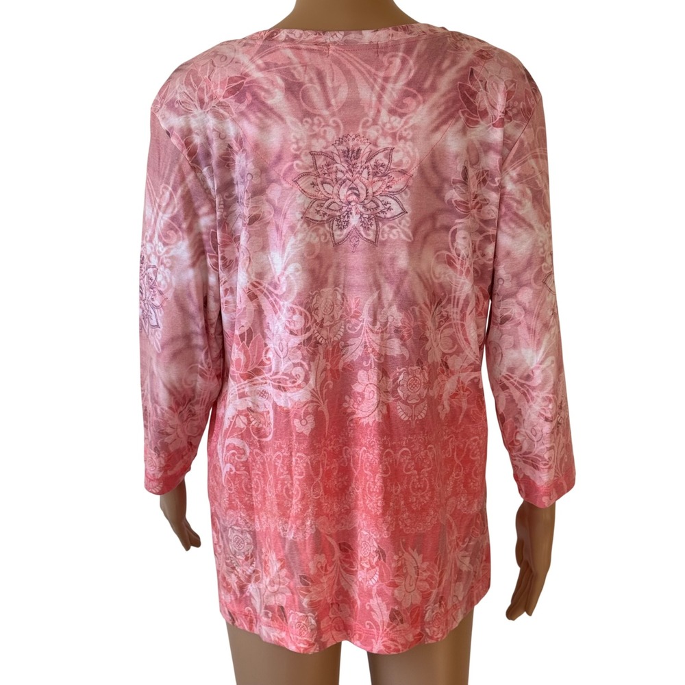 Xcit USA Women's 1X Pink Tie Dye Floral Rhinestone 3/4 Sleeve Top 6000-2326NH - Picture 2 of 5
